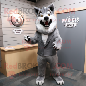 Gray Say Wolf mascot costume character dressed with a Suit Jacket and Shoe clips