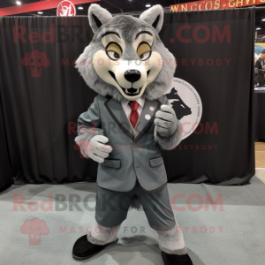 Gray Say Wolf mascot costume character dressed with a Suit Jacket and Shoe clips