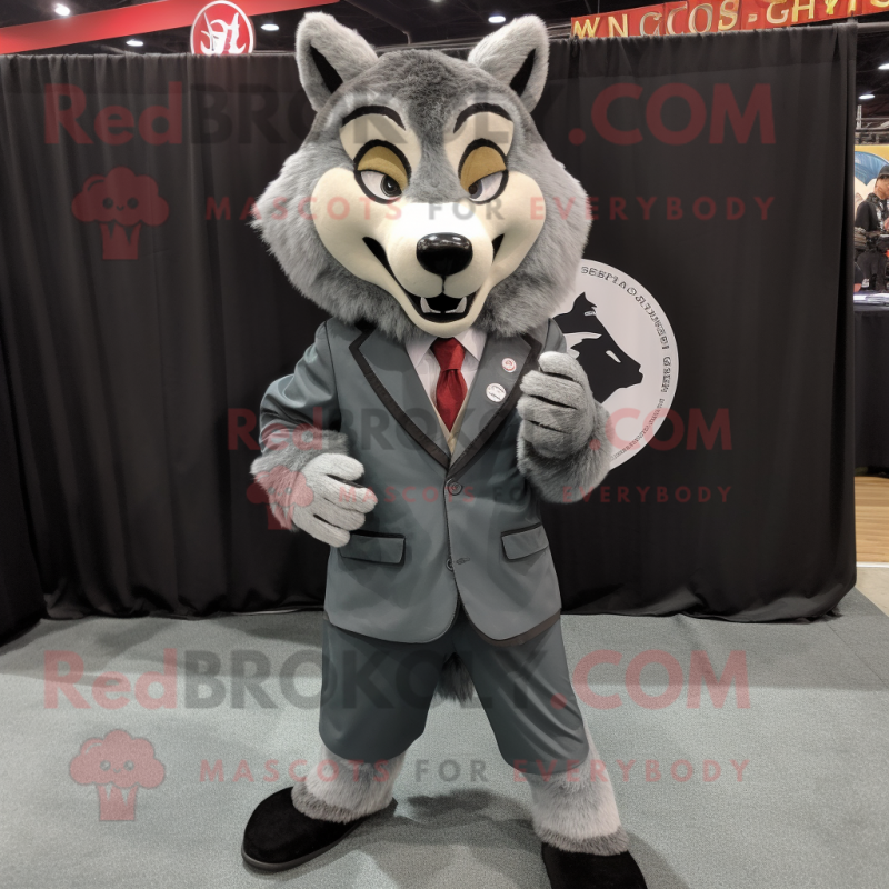 Gray Say Wolf mascot costume character dressed with a Suit Jacket and Shoe clips Gray Say Wolf mascot costume character dressed with a Suit Jacket and Shoe clips