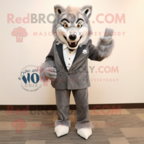 Gray Say Wolf mascot costume character dressed with a Suit Jacket and Shoe clips