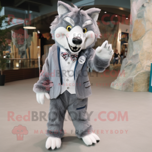 Gray Say Wolf mascot costume character dressed with a Suit Jacket and Shoe clips