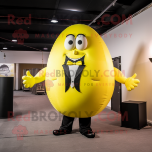 Lemon Yellow Strongman mascot costume character dressed with a Tuxedo and Wraps