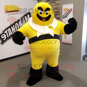 Lemon Yellow Strongman mascot costume character dressed with a Tuxedo and Wraps