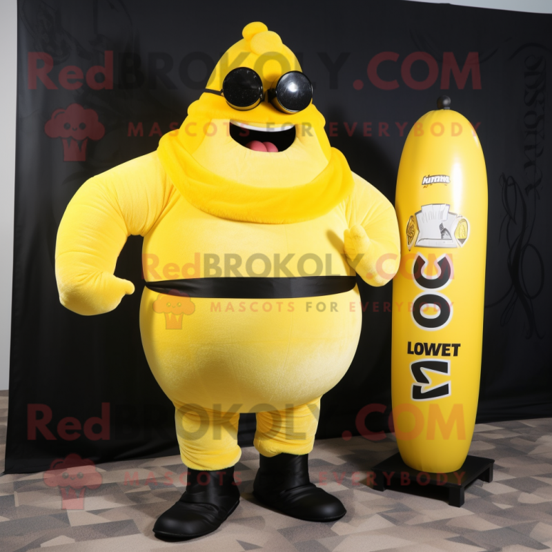 Lemon Yellow Strongman mascot costume character dressed with a Tuxedo and Wraps Lemon Yellow Strongman mascot costume character dressed with a Tuxedo and Wraps
