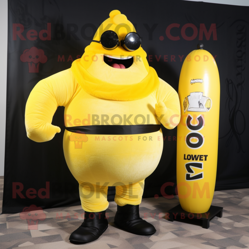 Lemon Yellow Strongman mascot costume character dressed with a Tuxedo and Wraps