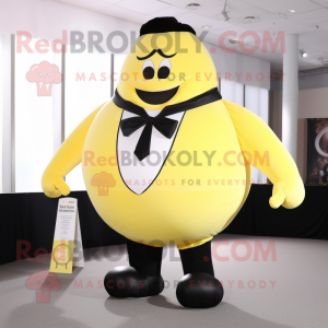 Lemon Yellow Strongman mascot costume character dressed with a Tuxedo and Wraps