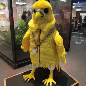Lemon Yellow Pheasant mascot costume character dressed with a Windbreaker and Keychains
