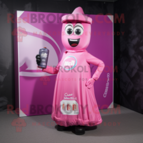 Pink Soda Can mascot costume character dressed with a Midi Dress and Messenger bags