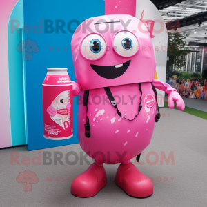 Pink Soda Can mascot costume character dressed with a Midi Dress and Messenger bags