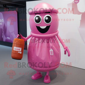 Pink Soda Can mascot costume character dressed with a Midi Dress and Messenger bags
