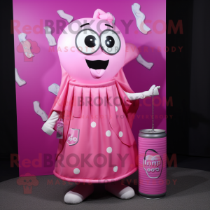Pink Soda Can mascot costume character dressed with a Midi Dress and Messenger bags