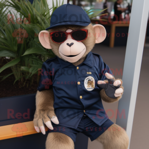Navy Capuchin Monkey mascot costume character dressed with a V-Neck Tee and Sunglasses
