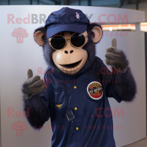 Navy Capuchin Monkey mascot costume character dressed with a V-Neck Tee and Sunglasses