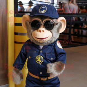 Navy Capuchin Monkey mascot costume character dressed with a V-Neck Tee and Sunglasses