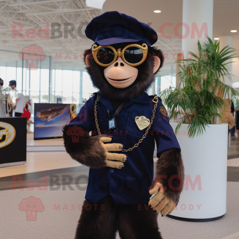 Navy Capuchin Monkey mascot costume character dressed with a V-Neck Tee and Sunglasses