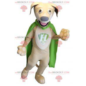 Mascota de perro beige y blanco con una capa verde -