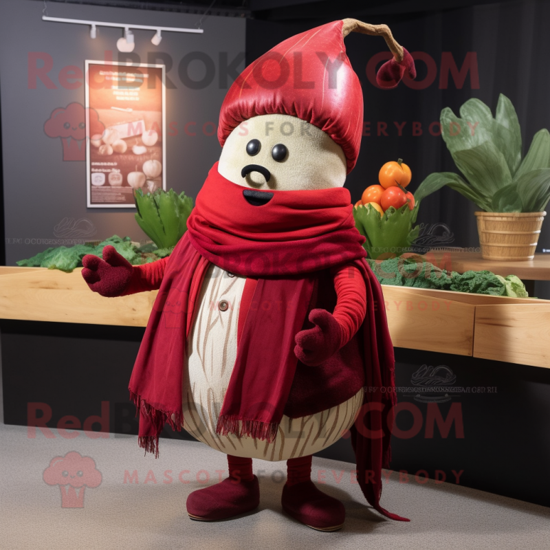 Red Turnip mascot costume character dressed with a Henley Tee and Shawl pins