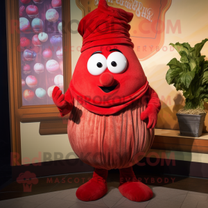 Red Turnip mascot costume character dressed with a Henley Tee and Shawl pins