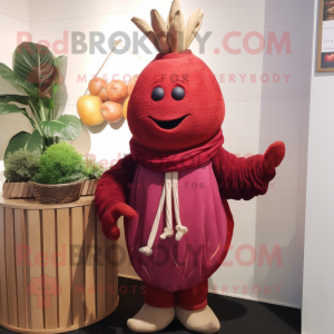 Red Turnip mascot costume character dressed with a Henley Tee and Shawl pins