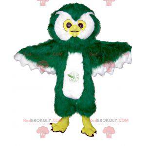 Mascote coruja verde branco e amarelo todo peludo -