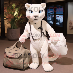 White Jaguarundi mascot costume character dressed with a Cargo Pants and Tote bags
