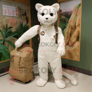 White Jaguarundi mascot costume character dressed with a Cargo Pants and Tote bags