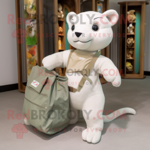 White Jaguarundi mascot costume character dressed with a Cargo Pants and Tote bags