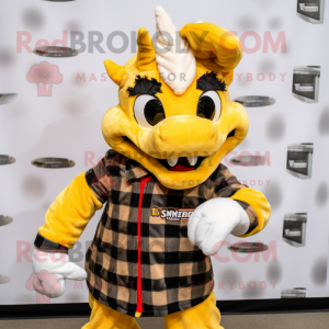 Gold Dragon mascot costume character dressed with a Flannel Shirt and Mittens