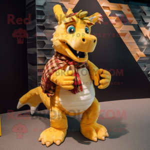 Gold Dragon mascot costume character dressed with a Flannel Shirt and Mittens