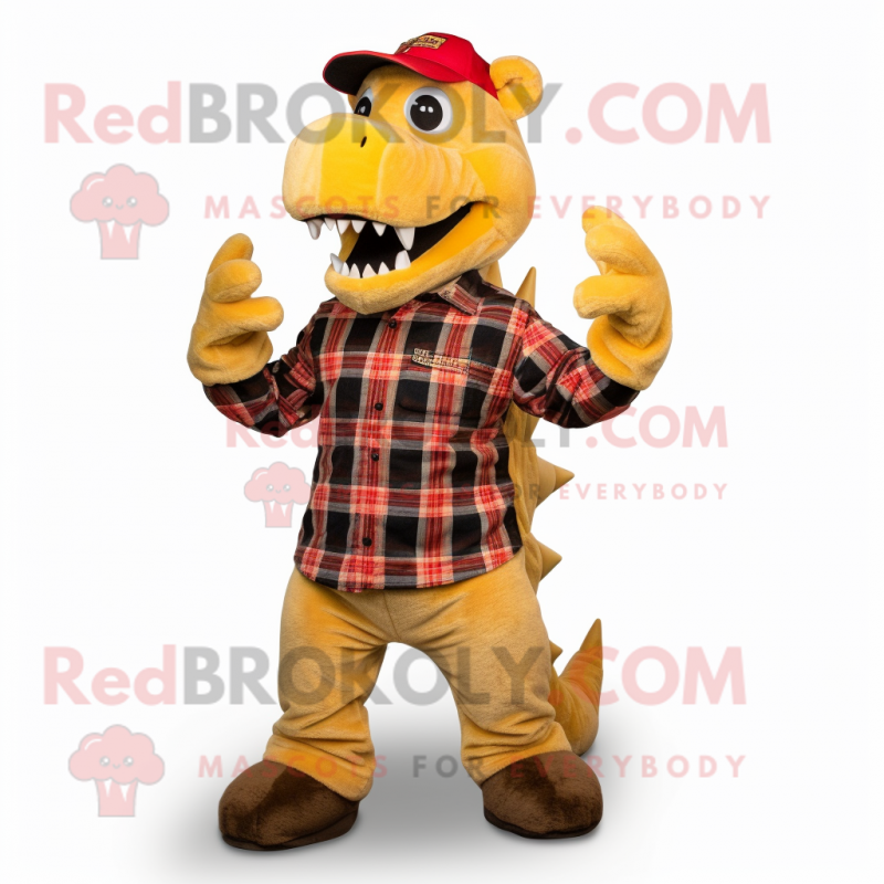 Gold Dragon mascot costume character dressed with a Flannel Shirt and Mittens Gold Dragon mascot costume character dressed with a Flannel Shirt and Mittens