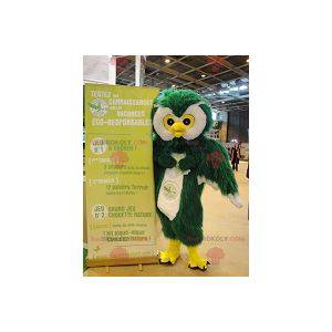 Mascotte de hibou vert blanc et jaune tout poilu -