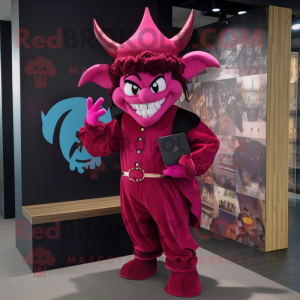 Magenta Devil mascot costume character dressed with a Culottes and Caps