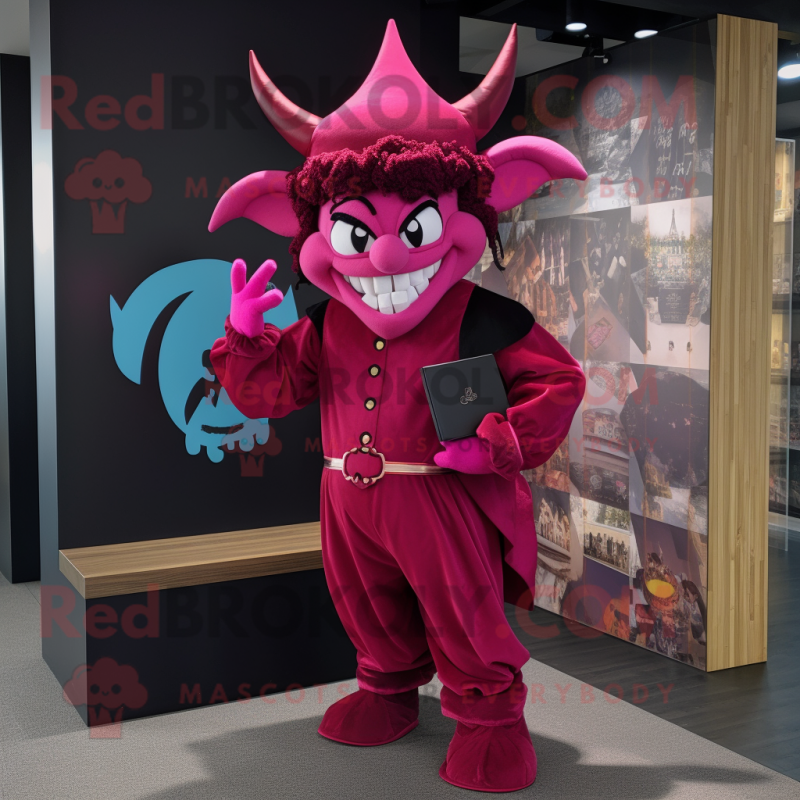 Magenta Devil mascot costume character dressed with a Culottes and Caps Magenta Devil mascot costume character dressed with a Culottes and Caps