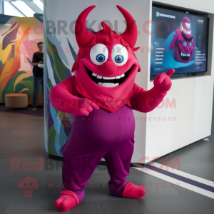 Magenta Devil mascot costume character dressed with a Culottes and Caps