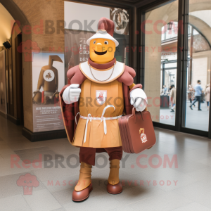 Brown Swiss Guard mascot costume character dressed with a Poplin Shirt and Messenger bags