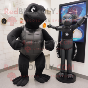 Black Turtle mascot costume character dressed with a Rash Guard and Watches
