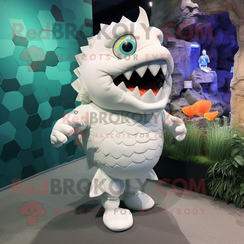 White Piranha mascot costume character dressed with a Leggings and Earrings