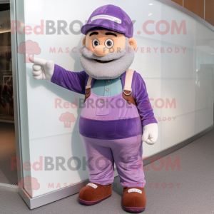 Lavender Wrist Watch mascot costume character dressed with a Corduroy Pants and Caps