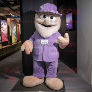 Lavender Wrist Watch mascot costume character dressed with a Corduroy Pants and Caps