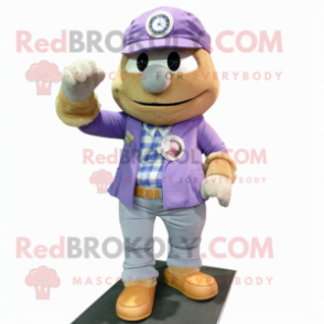 Lavender Wrist Watch mascot costume character dressed with a Corduroy Pants and Caps