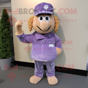 Lavender Wrist Watch mascot costume character dressed with a Corduroy Pants and Caps