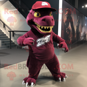 Maroon Allosaurus mascot costume character dressed with a Tank Top and Beanies