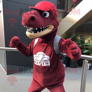 Maroon Allosaurus mascot costume character dressed with a Tank Top and Beanies