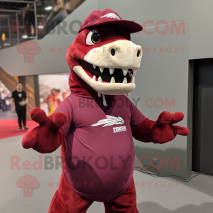 Maroon Allosaurus mascot costume character dressed with a Tank Top and Beanies