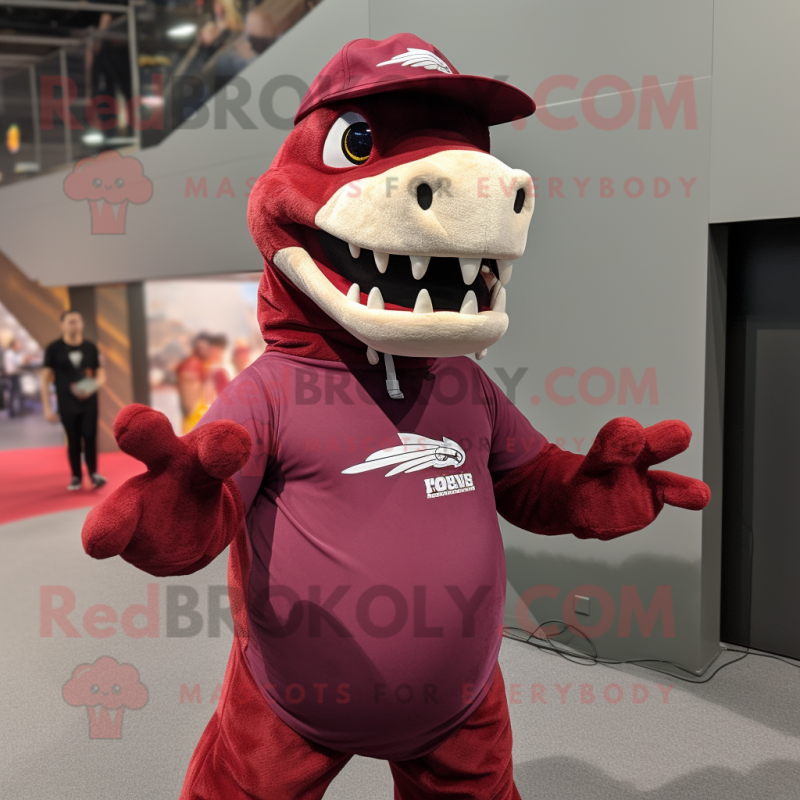 Maroon Allosaurus mascot costume character dressed with a Tank Top and Beanies Maroon Allosaurus mascot costume character dressed with a Tank Top and Beanies