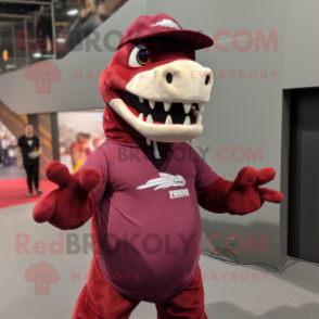 Maroon Allosaurus mascot costume character dressed with a Tank Top and Beanies