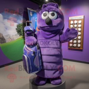 Purple Golf Bag mascot costume character dressed with a Wrap Dress and Mittens