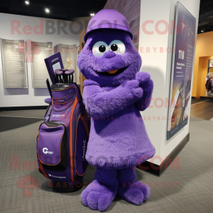 Purple Golf Bag mascot costume character dressed with a Wrap Dress and Mittens
