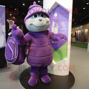 Purple Golf Bag mascot costume character dressed with a Wrap Dress and Mittens