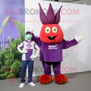 Lavender Beet mascot costume character dressed with a Oxford Shirt and Watches
